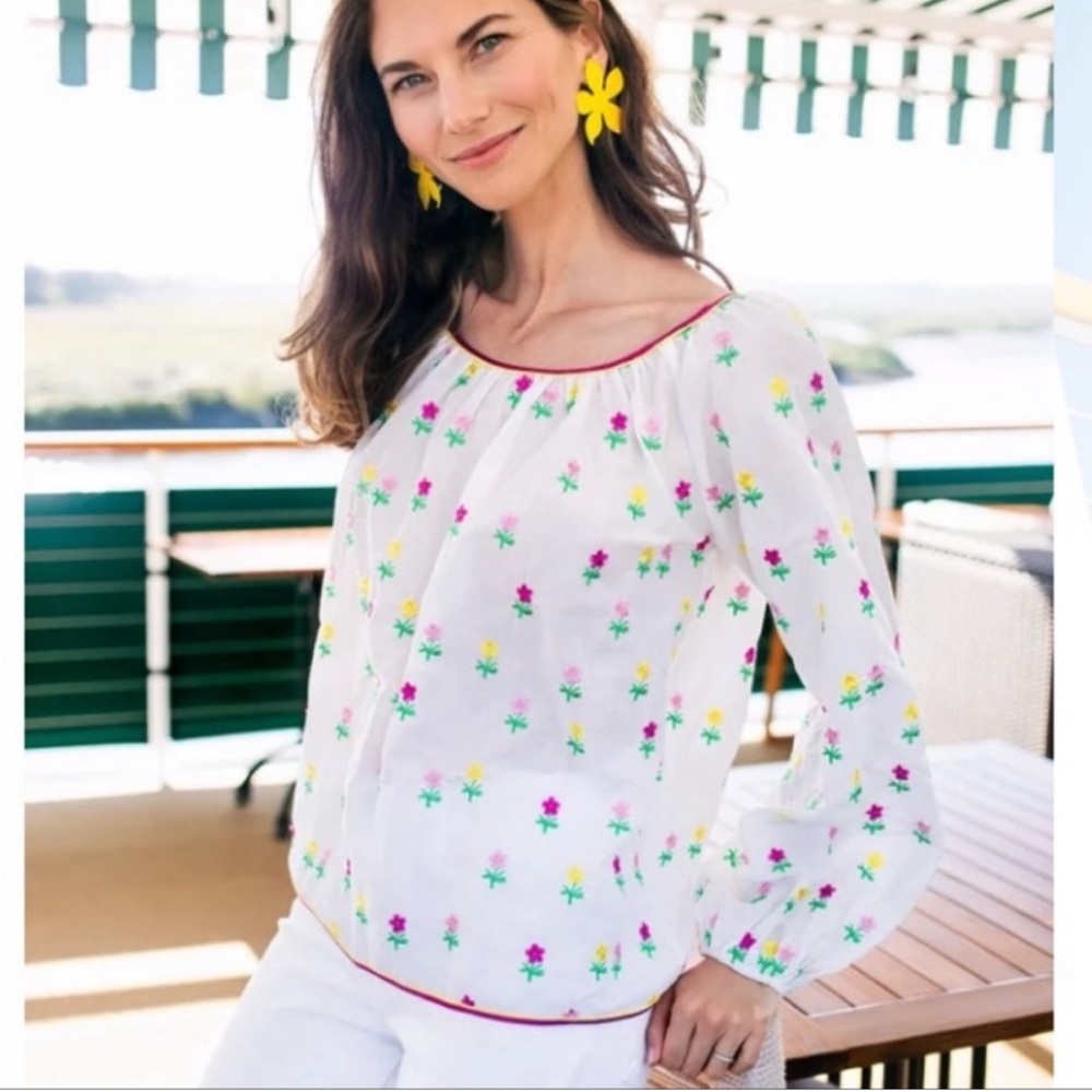 Tuckernuck | Andy Embroidered Floral Pink and Yellow Cotton Blouse Top